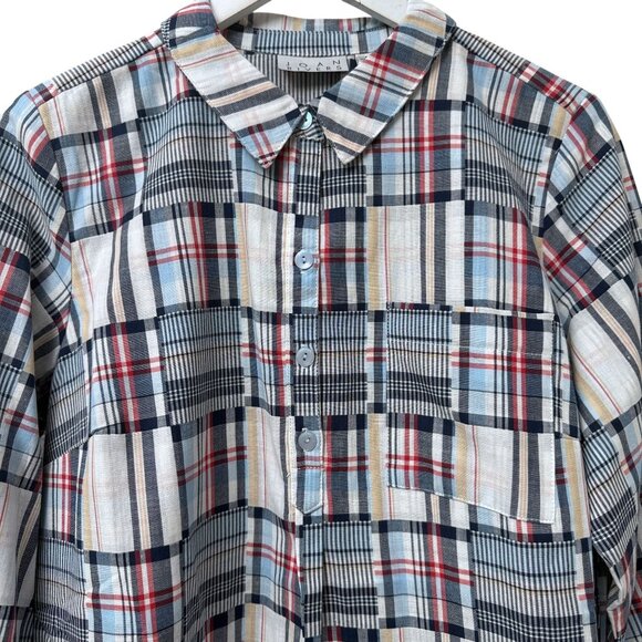 Joan Rivers Madras Shirt Size Medium Blue Plaid Womens Top Preppy Patchwork QVC - Picture 2 of 8